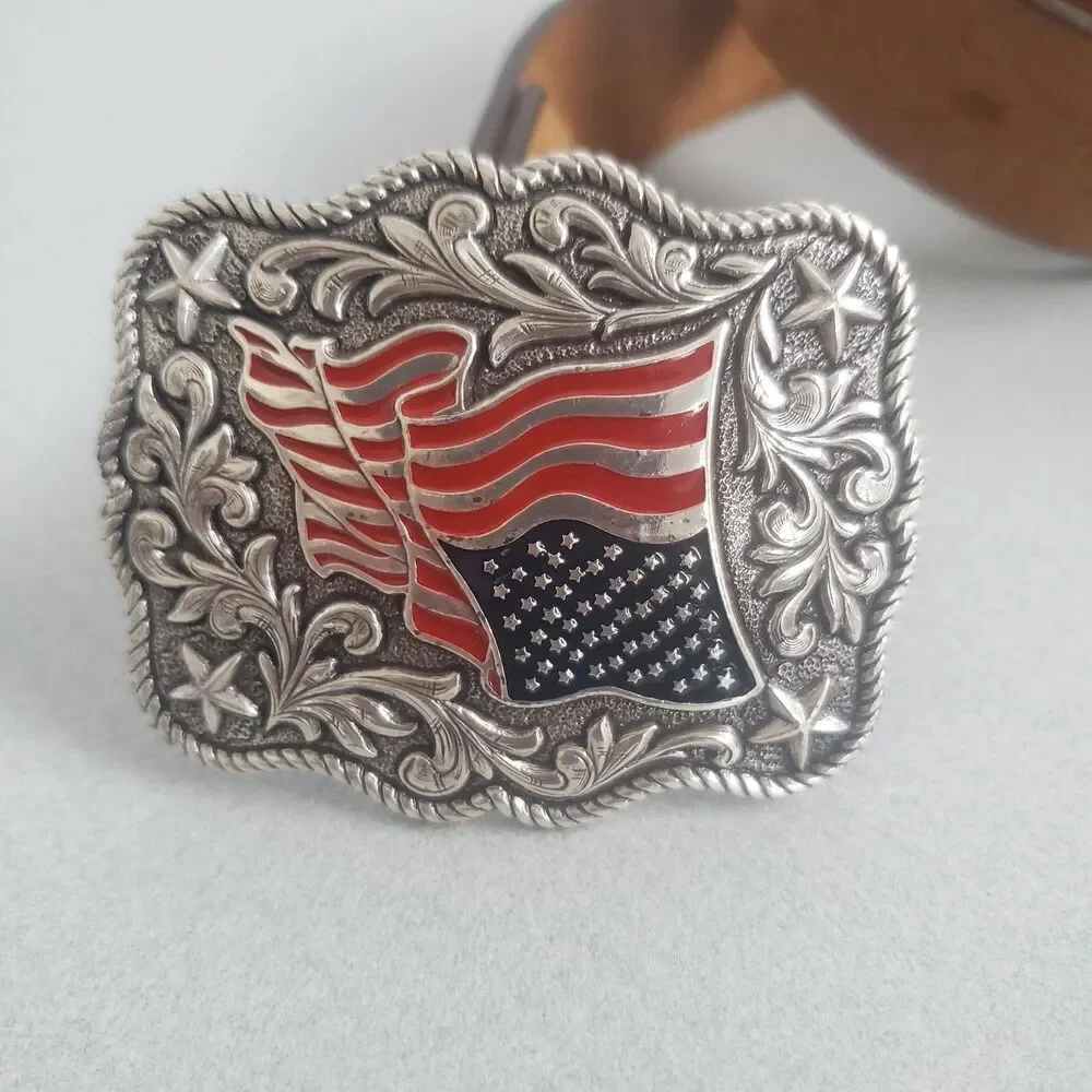 Nocona American Flag Belt Buckle and Justin Belt Youth Size 24 Western USA